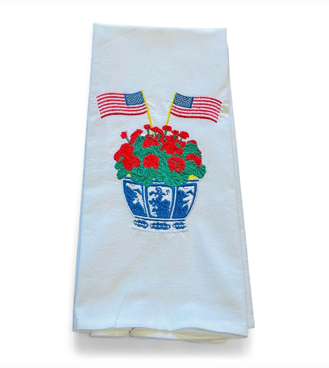 Geranium in Planter w/ Flags Hand Towel