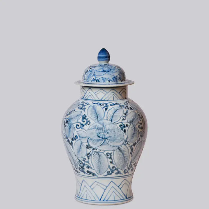Rustic Rose Blue and White Porcelain Temple Jar