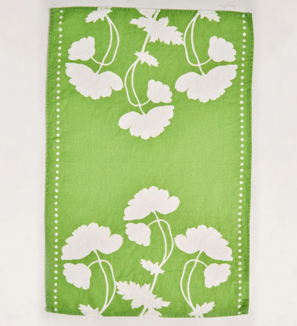 Green Poppy Silhouette Tea Towel