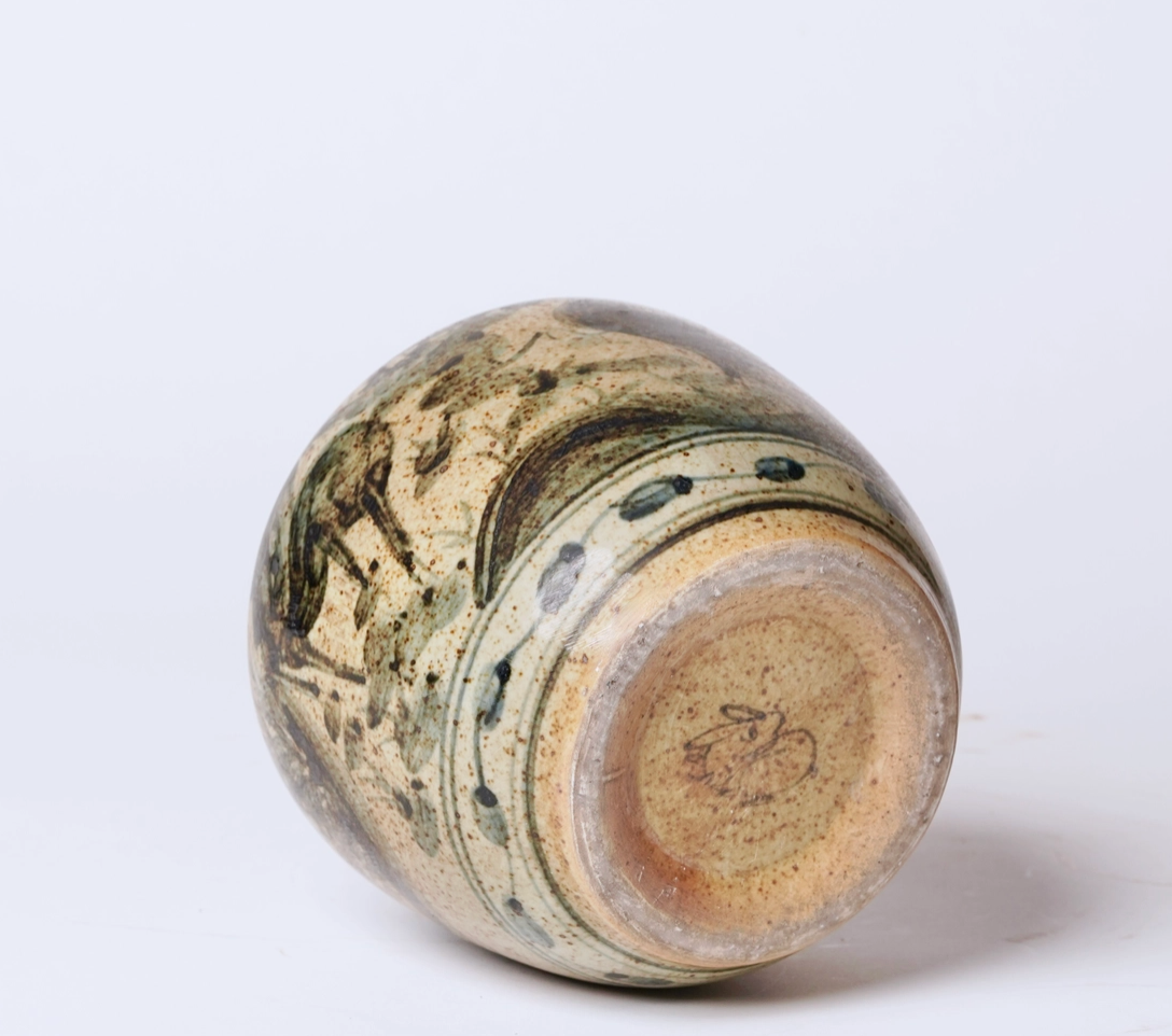 Rustic Porcelain Crane and Deer Small Round Vase