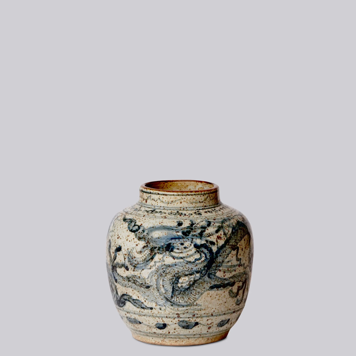 RUSTIC BLUE AND WHITE PORCELAIN DRAGON SMALL ROUND VASE