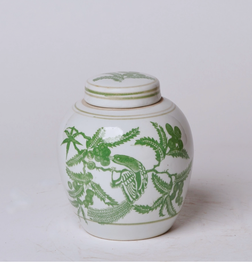 Green and White Porcelain Bird and Flower Round Jar