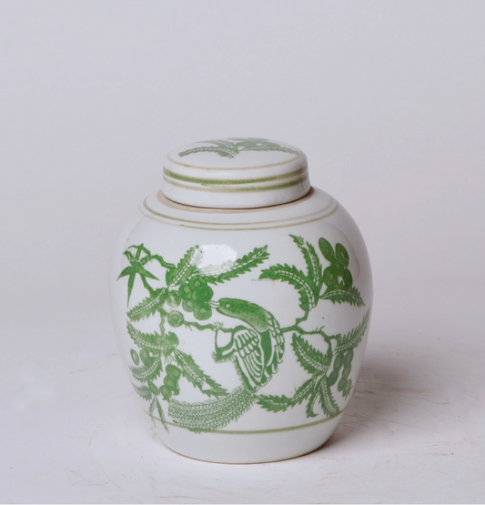Green and White Porcelain Bird and Flower Round Jar
