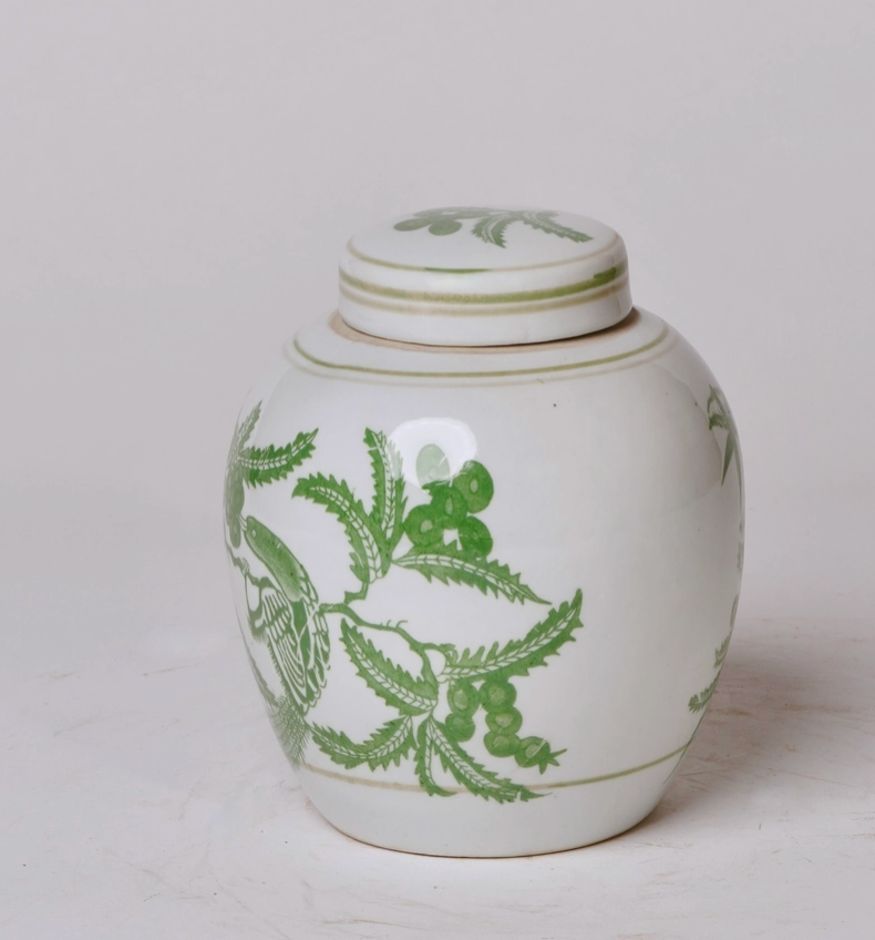 Green and White Porcelain Bird and Flower Round Jar