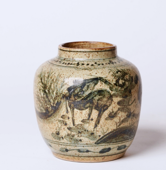 Rustic Porcelain Crane and Deer Small Round Vase