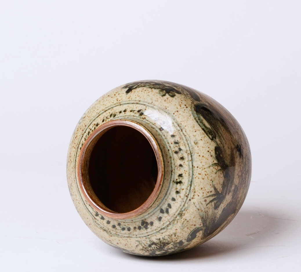 Rustic Porcelain Crane and Deer Small Round Vase