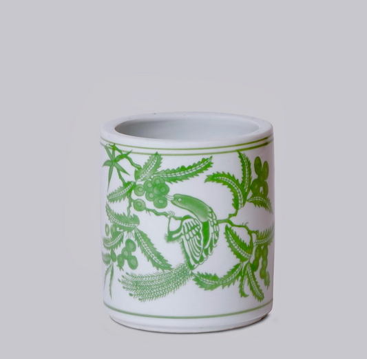 Tiny Green and White Porcelain Bird and Flower Cachepot