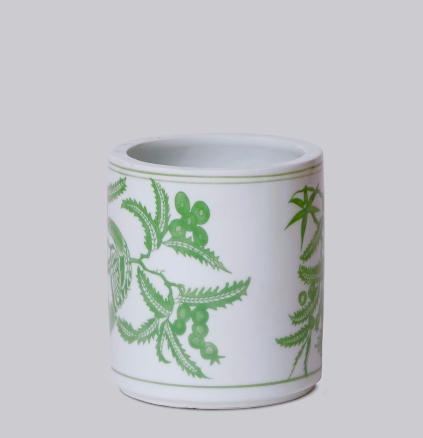 Tiny Green and White Porcelain Bird and Flower Cachepot