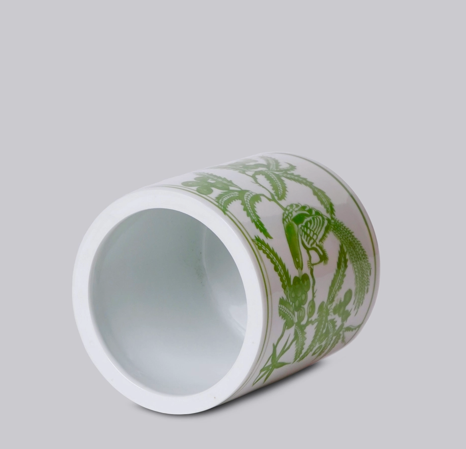 Tiny Green and White Porcelain Bird and Flower Cachepot